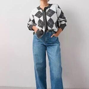 $238 NWT Song of Style Argyle Cardigan Women XS Grey White Gold Button ST23638